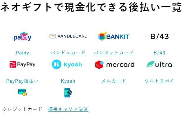 ネオギフトで現金化できる後払い一覧