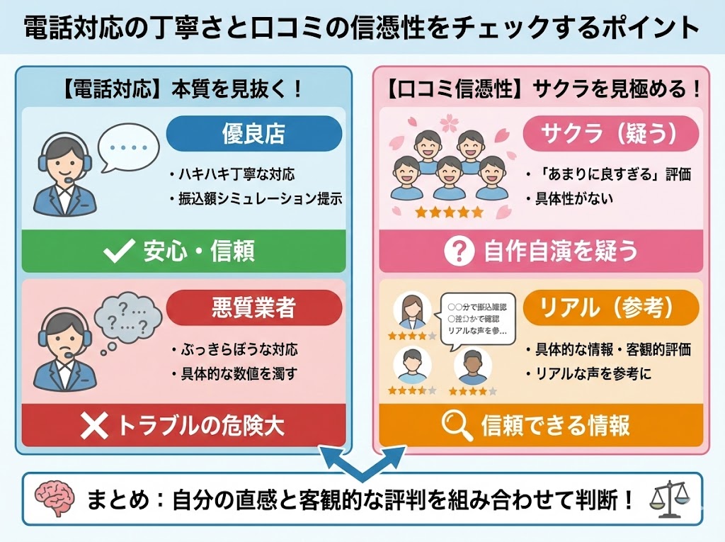 電話対応の丁寧さと口コミの信憑性をチェックするの図解
